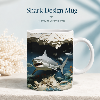 Shark Design Mug – Premium Ceramic Coffee Mug with 3D Deep Ocean Shark Wraparound Print, Microwave & Dishwasher Safe
